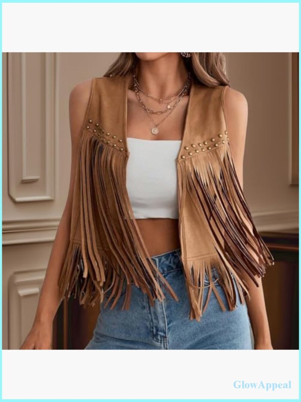 Sleeveless Fringe Vest with Studs Hippie Western 70s Streetwear Outerwear - Picture 2 of 6
